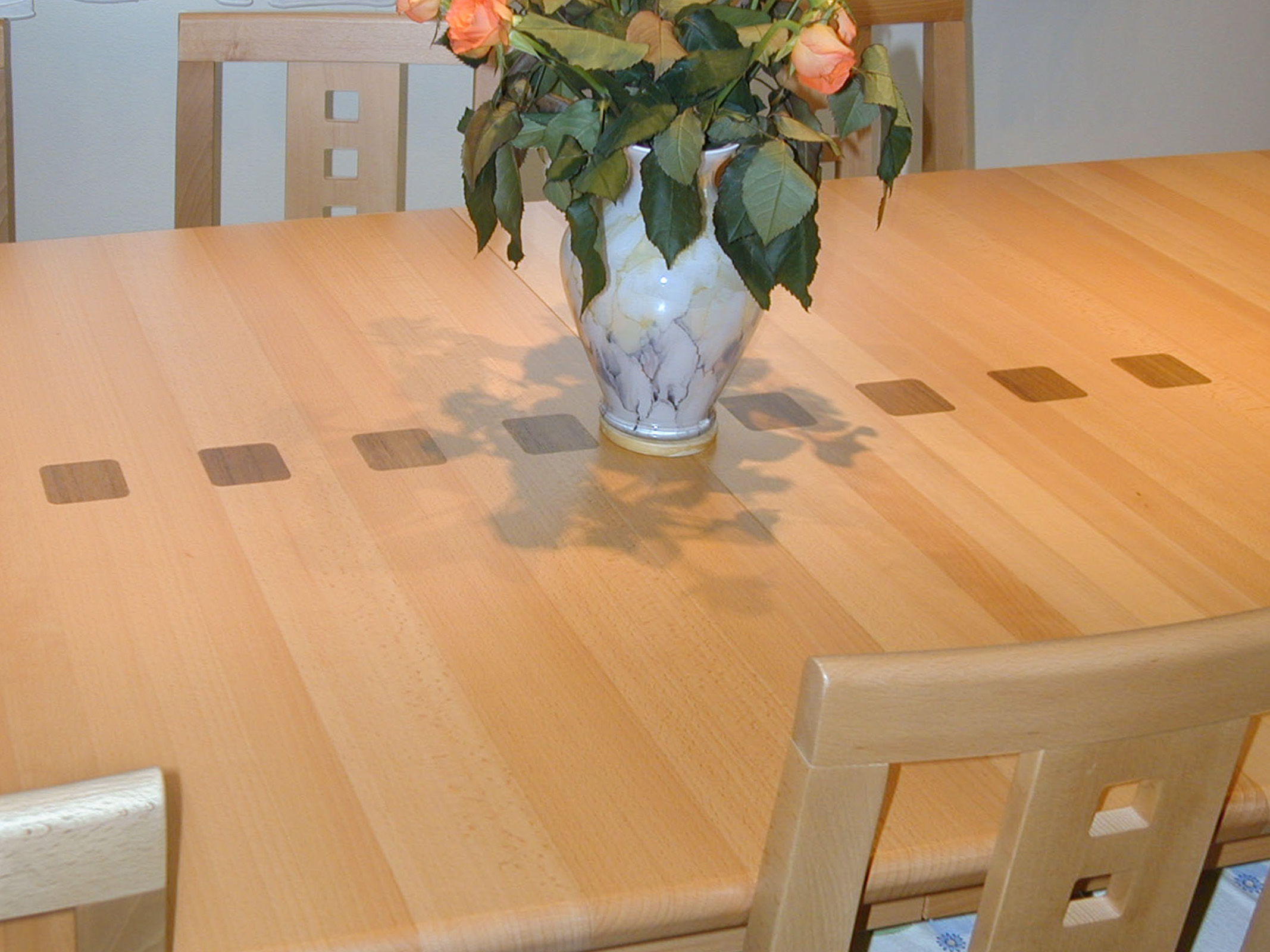 Esszimmertisch mit Stühlen Buche mit Einlegern Teak