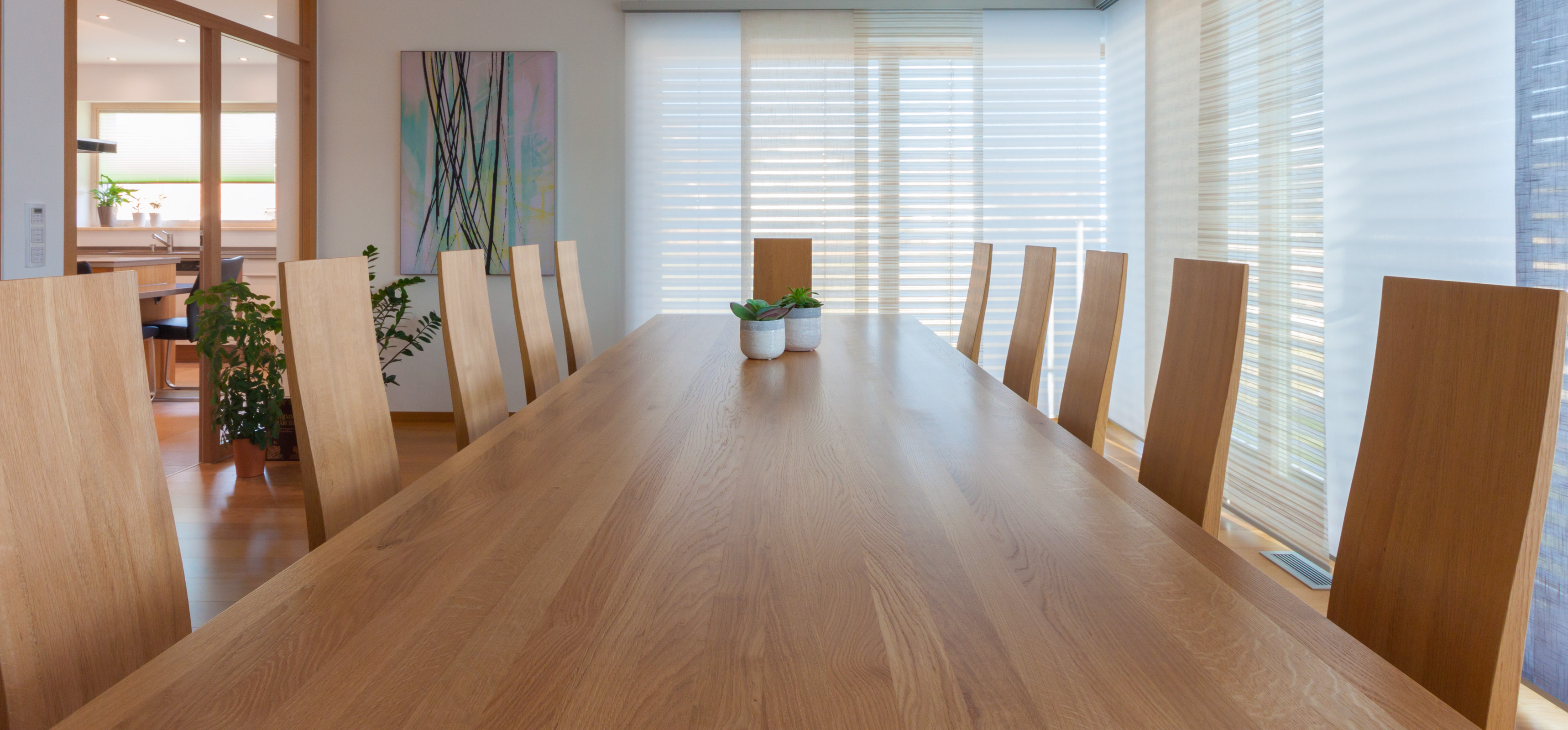 Esszimmertisch mit Stühlen Eiche massiv, Edelstahlunterbau